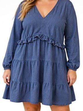 Eloquii Denim-Blue V-Neck Ruffle Tiered Long-Sleeve Dress Plus 14